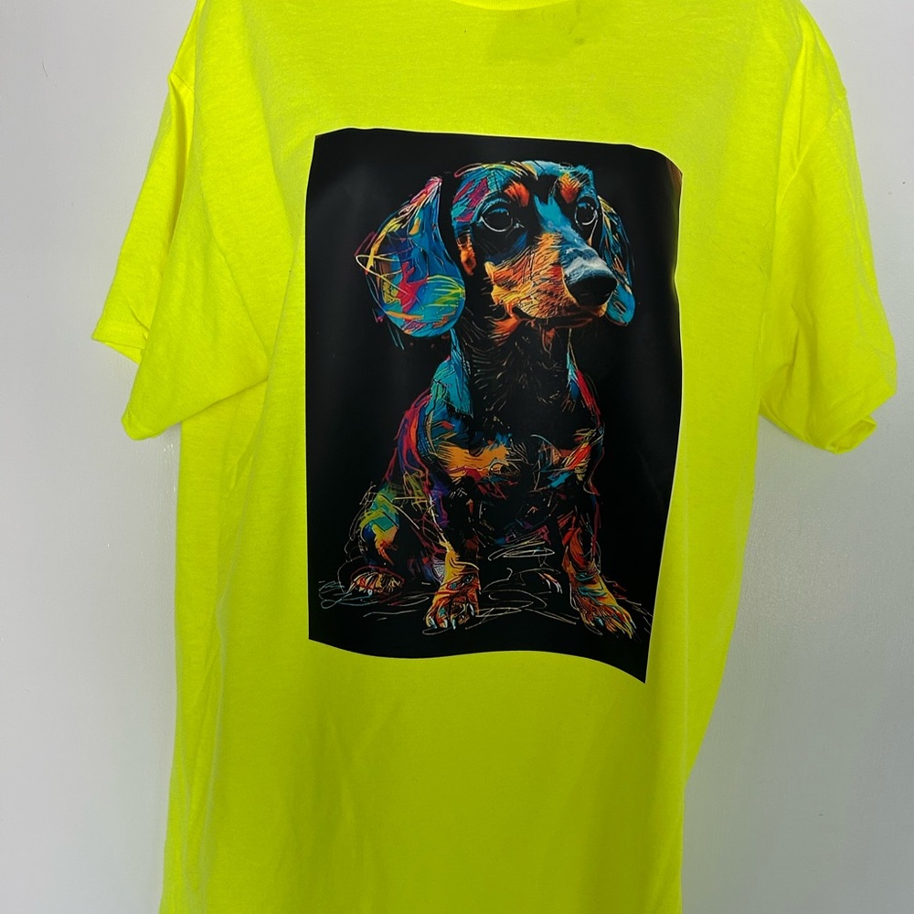 Gildan Bright Yellow Tee with Colorful Dog Design